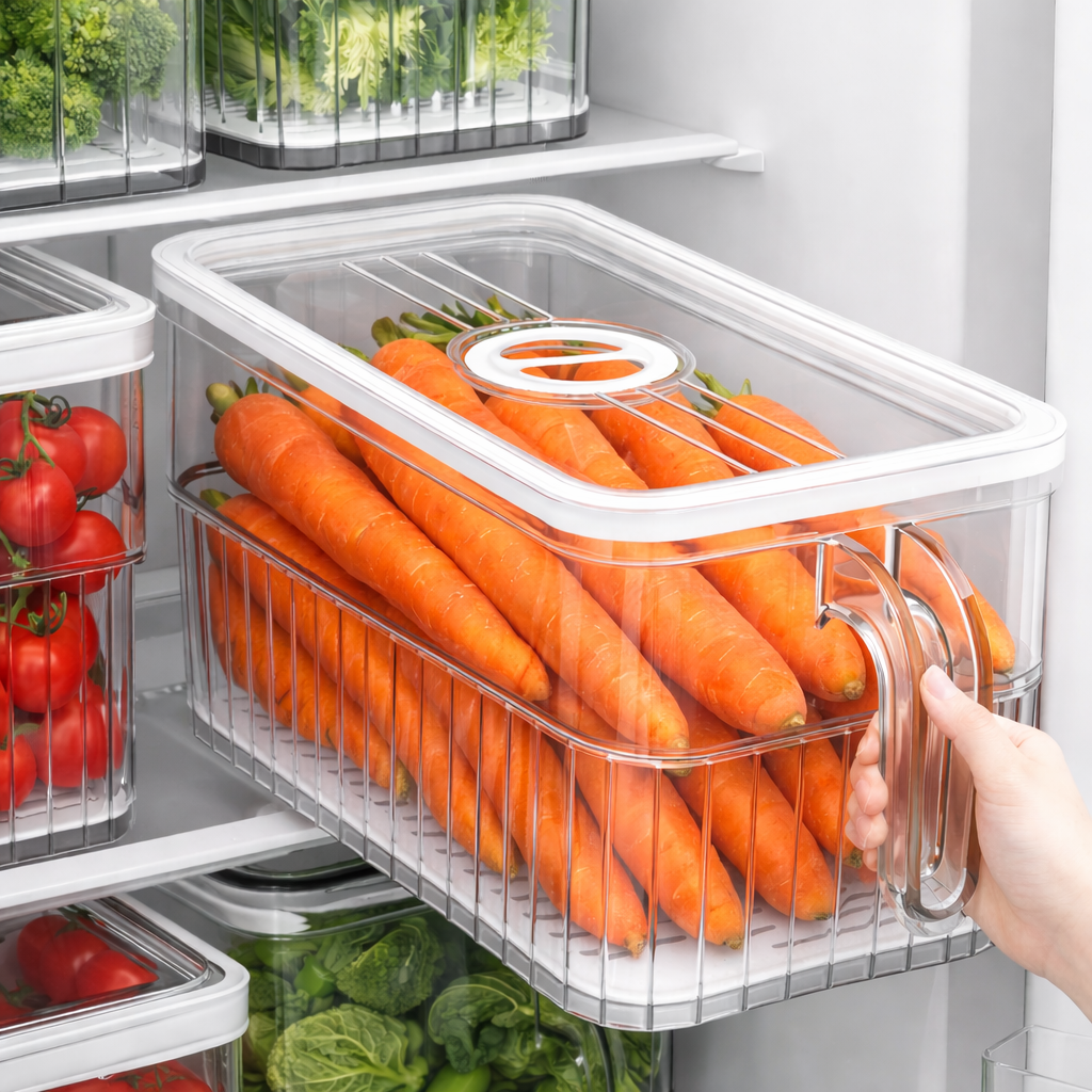 Cavelora®Food-Grade Refrigerator Storage Box – Freshness Organizer for Vegetables, Fruits & Freezer with Lid & Handles