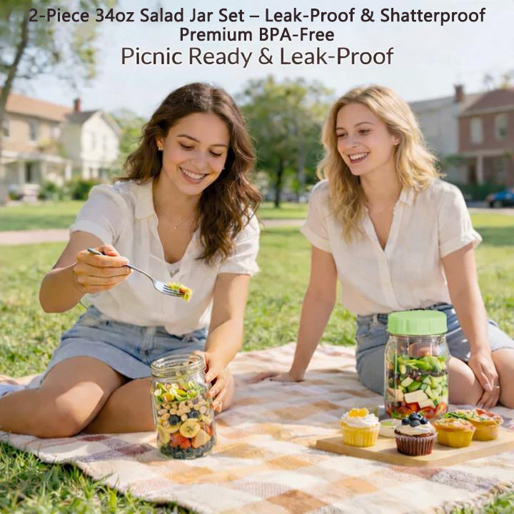 🥗Remifa® Salad Jar Set – 34oz Capacity, Leak-Proof, Made with Premium BPA-Free Food-Grade Material, Perfect for Meal Prep