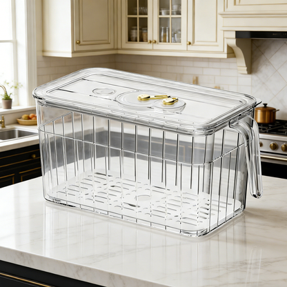 Cavelora®Food-Grade Refrigerator Storage Box – Freshness Organizer for Vegetables, Fruits & Freezer with Lid & Handles